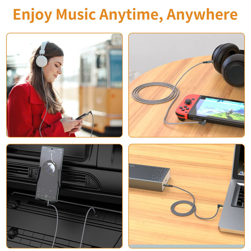 2 Pack Aux Cable, 6.6ft/2M TRRS Auxiliary Cables 90 Degree Right 3.5mm Nylon Braided 1/8 AUX Cord for Car Compatible with Stereos, Speaker, iPod iPad Smartphone, Headphones Sony,Echo Dot,Beats- Grey 6.6 Feet