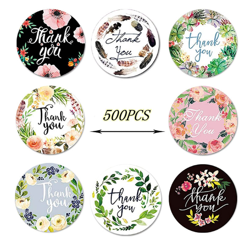 500pcs Thank You Stickers ,1.5inch Round Adhesive Small Business Stickers,8 Floral Designs Stickers Roll , Thank You Labels for Packaging, Envelope Sealing, Gift Bags, Greeting Cards, Wedding ,Party,