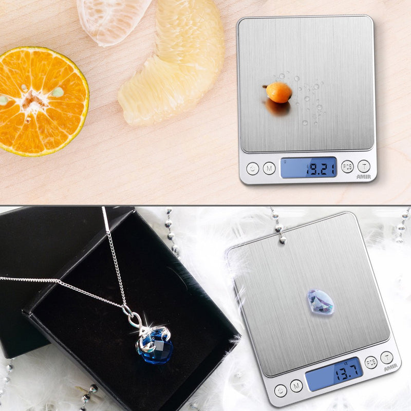 (Upgraded) AMIR Digital Kitchen Scale, 500g Mini Pocket Jewelry Scale, Cooking Food Scale, Back-Lit LCD Display, 2 Trays, 6 Units, Auto Off, Tare, PCS, Stainless Steel, Batteries Included sliver