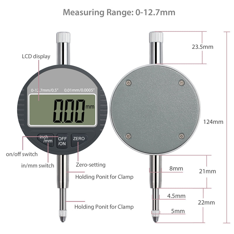 Neoteck Digital Dial Indicator 0.01/0.0005'' Digital Measuring Probe Measuring Instrument Measuring Range 0-12.7mm/0.5'' Dial Gauge Indicators Electronic Display Instrument