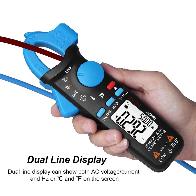 Bside ACM91 1mA Clamp Meter DC/AC Current True RMS Auto-Ranging 6000 Counts Multimeter Live Check V-Alert Temperature Capacitance Frequency Tester with Back Clip Blue