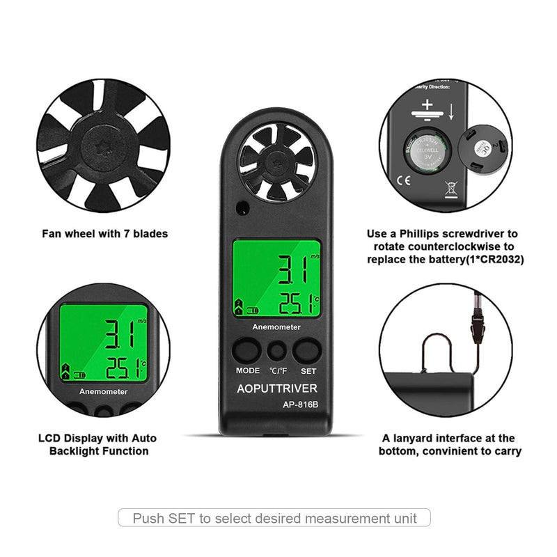 Anemometer Handheld Wind Speed Meter for Measuring Wind Speed Temperature and Max/Average/Current, High Precision Anemometer Measuring for Windsurfing Sailing Fishing Outdoor Activities 816B(Pocket Anemometer)