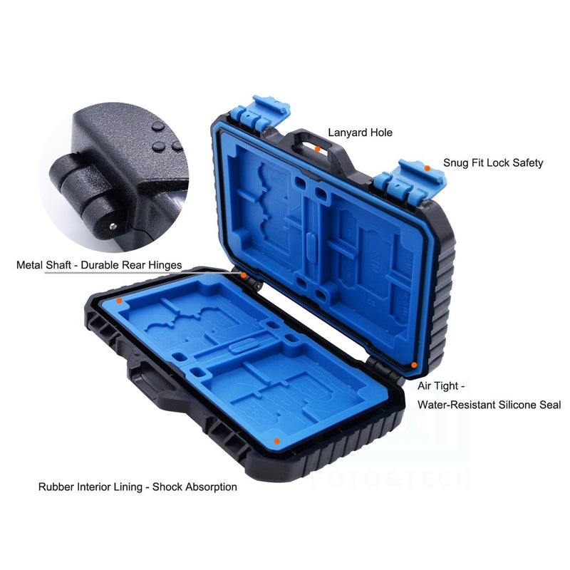 Foto&Tech 28-Slot High Capacity SD Memory Card Case, Shockproof SD CF SDHC SDXC Micro SD Storage Box for 8 SD 4 CF 9 TF, Waterproof Card Holder Micro SD 2 Pin Key 1 SIM 2 Micro-SIM 2 Nano-SIM