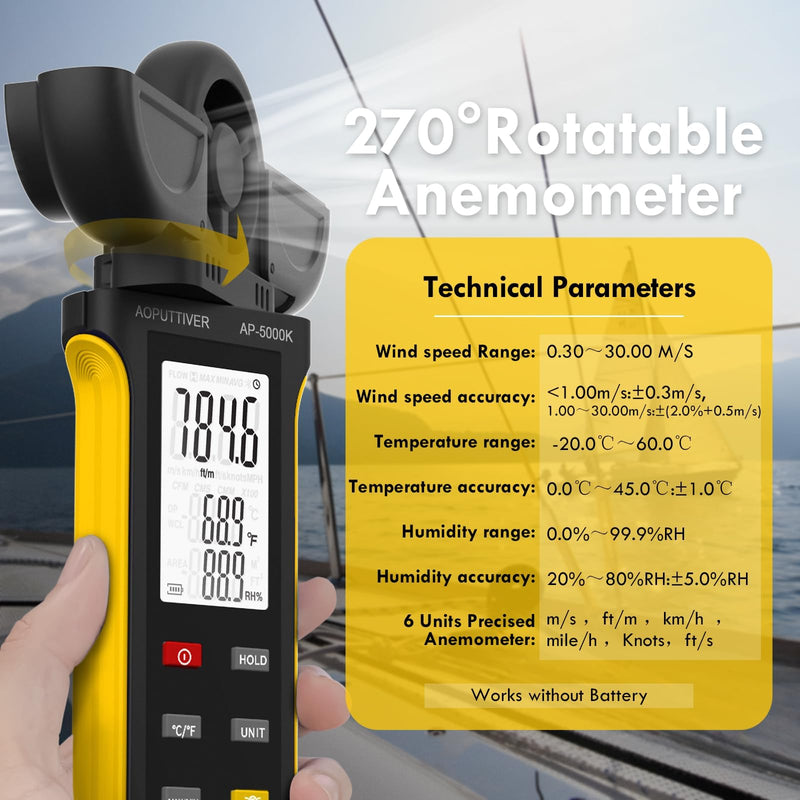AOPUTTRIVER AP-5000K Digital Anemometer Handheld Wind Meter with 270° Rotating Detector and Double Wing Cover, Backlit Anemometer, MAX/MIN/AVG, Temperature