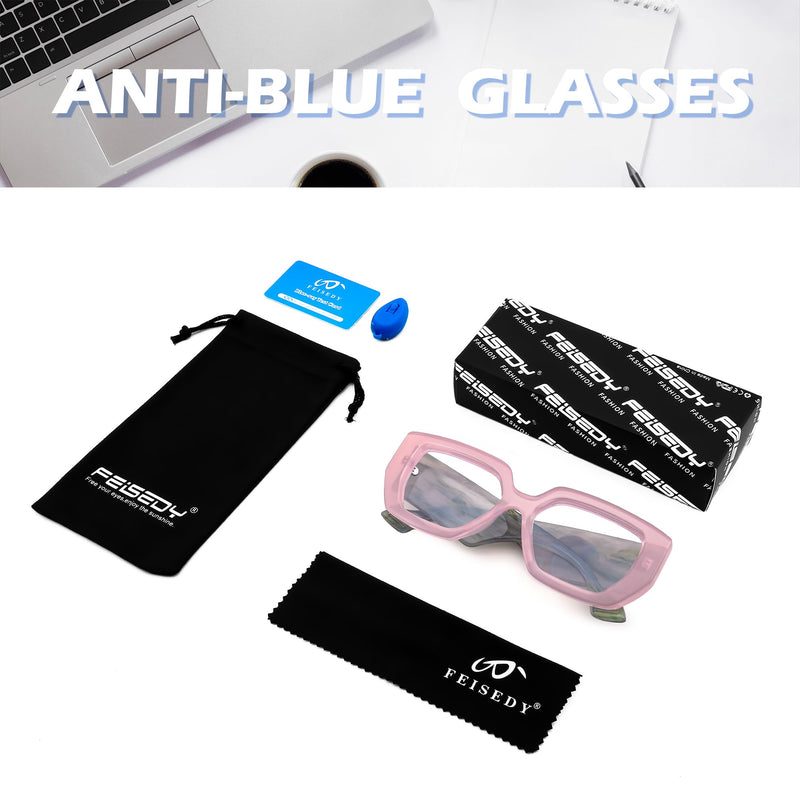 FEISEDY Blue Light Glasses for Women, Oversized Square Thick Frame, Computer Eyeglass Anti Eyestrain B4129 Pink Frame/Green Temple