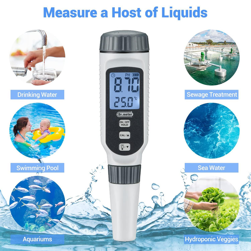 PH measuring device, Dr.meter pH meter accuracy pH ±0.01, measuring range pH 0-14, digital PH tester with LCD ideal for drinking water, swimming pool, aquarium, fish pond, pool, spa or laboratory 1