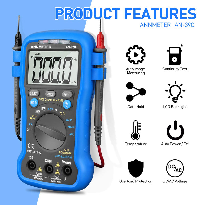 ANNMETER AN-39C Multimeter Auto-Ranging True RMS 6000 Counts Multimeter, Accurate Voltmeter Ohmmeter Capacitance Meter, Measures Voltage Current Resistance and Temperature