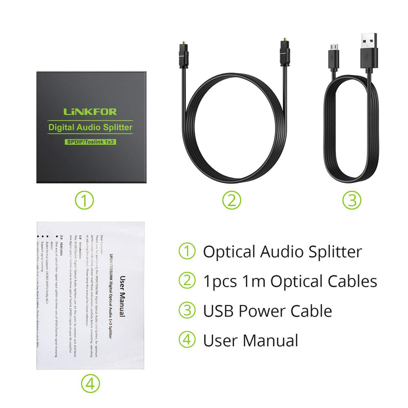 LiNKFOR Digital Optical Audio 1x3 Splitter Digital SPDIF Toslink Optical Fiber Audio Splitter 1 in 3 Out Aluminum Alloy with Optical Cable Support 5.1CH Dolby-AC3 DTS for PS3 Blue-Ray DVD HDTV Optical 1X3 Green