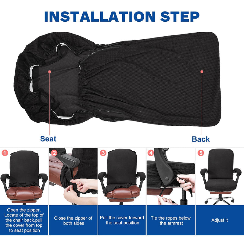 Necolorlife Office Chair Cover with Armrest Covers Stretchable Desk Chair Cover Thick Checked Jacquard High Back Office Seat Cover for Universal Rotating Chair (Large Size,Black) Black With Arm Covers Large
