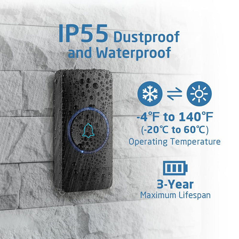 Wireless Doorbell, AVANTEK D-3B Waterproof Door Chime Kit Operating at over 1300 Feet with 2 Plug-In Receivers, 52 Melodies, CD Quality Sound and LED Flash Black