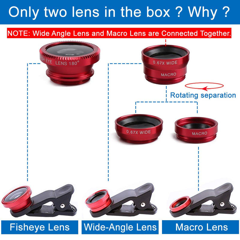 KINGMAS 3 in 1 Universal Fish Eye Lens + Wide-Angle Lens + Macro Clip Camera Lens Kit for iPad iPhone Samsung Android and Most Smartphones red