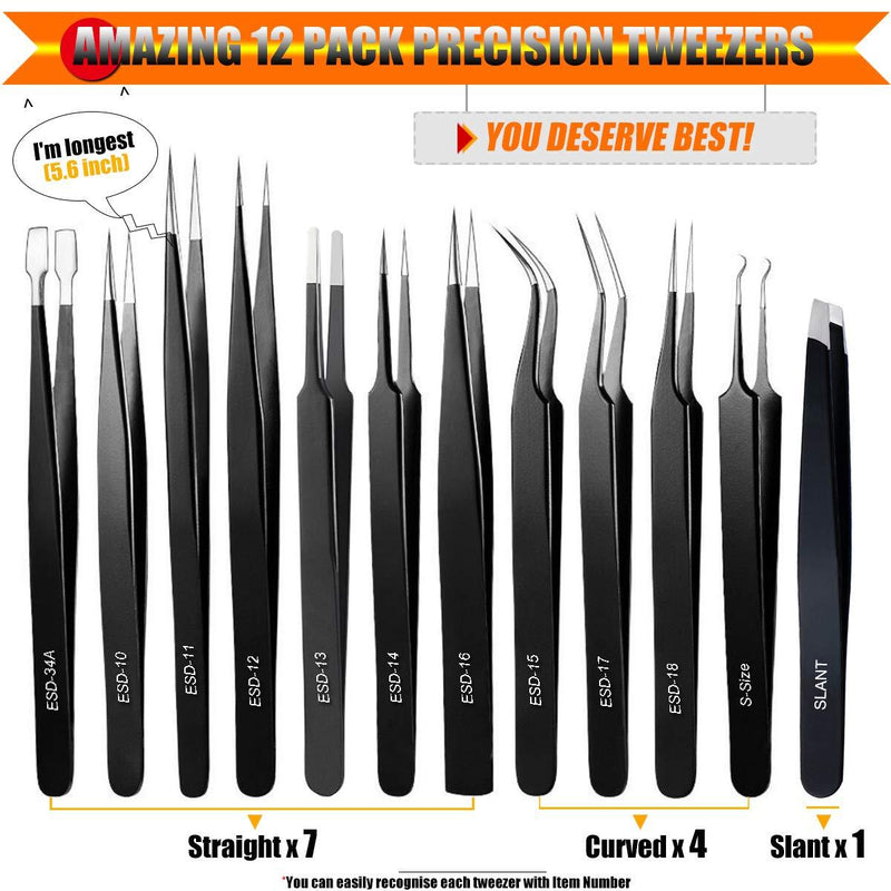 Tweezers, Precision Tweezer Set, Craft Tweezers, Soldering Tweezers, Jewelry Tweezers, Ingrown Tweezers, Eyelash Extension Tweezers, Eyebrow Tweezers - 12 Pack Super Valued Set with Handy Case 12 Pack Precision Tweezers w/ Case - Orange