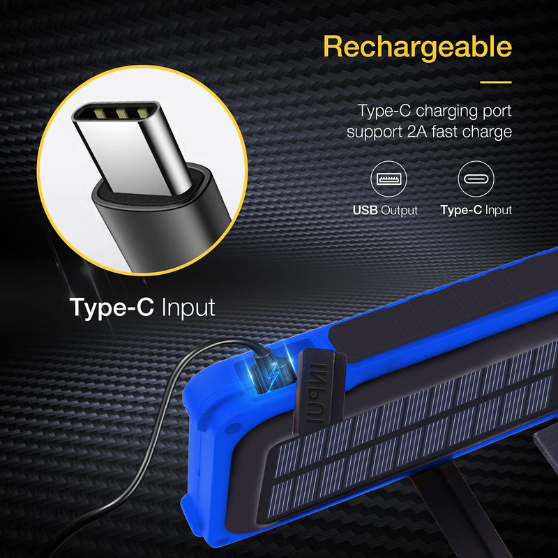 WARSUN Led Work Light, Rechargeable Work Light,Portable Magnetic Work Light, Waterproof LED Solar Flood Lights for Outdoor Camping Hiking Emergency Car Repairing (USB + Solar Charging, Blue) USB + Solar Charging
