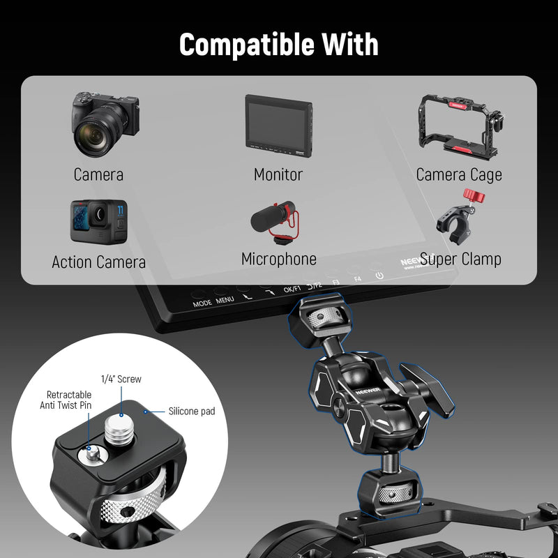 NEEWER Flexible Articulating Magic Arm with Dual Ball Heads, 3/8" Locating Screw for ARRI and 1/4" Screw with Retractable Pin, Camera Field Monitor Mount Compatible with SmallRig Cage, UA010