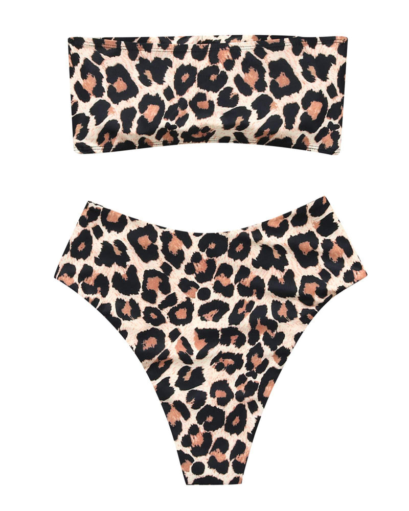 OMKAGI Women's 2 Pieces Bandeau Bikini Swimsuits Off Shoulder High Waist Bathing Suit High Cut Small 0-apricot Leopard