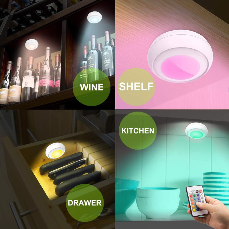 LUXSWAY Battery LED Color Puck Lights| Stick Up Push Lights with Remote| 16 Color Changing LED Fairy Lights| Wireless Tap Lights| Dimmable Under Cabinet Light| Battery Powered RGB Night Light -4Pack