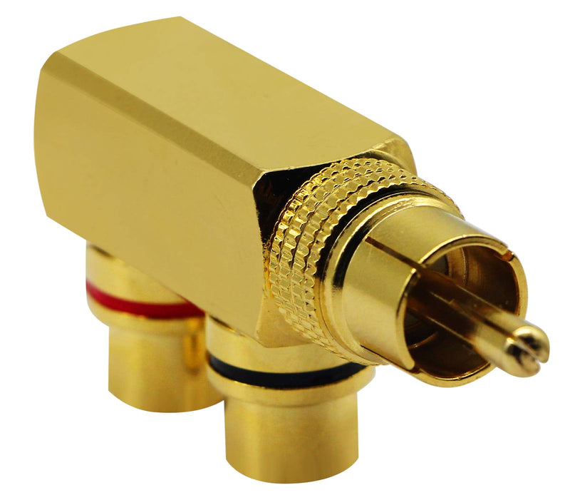 zdyCGTime RCA Splitter Adapter,90 Degree Right Angle RCA Male to 2 RCA Female Plug Audio Video Splitter Adapters Gold-Plated Metal Connector M/F(2 Pack)
