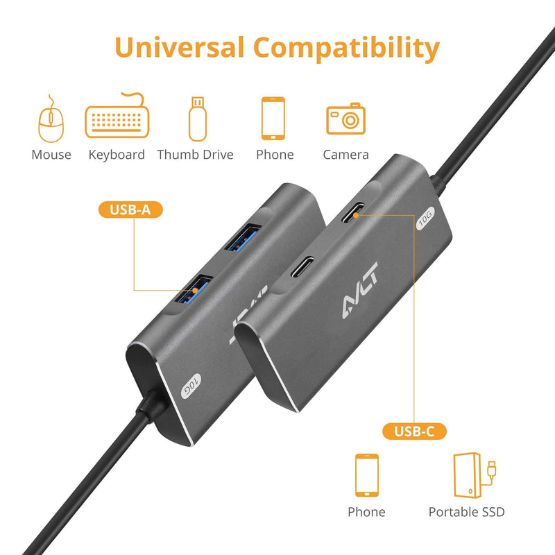 AVLT 4-Port USB 3.1 Gen 2 10G Hub - USB-A x2 USB-Cx2 - Portable USB-C Hub for MacBook Pro, iMac, iPad Pro, MacBook Air, Surface Pro, Pixel Slate, Galaxy Tab (Does Not Support USB-C Video Display)