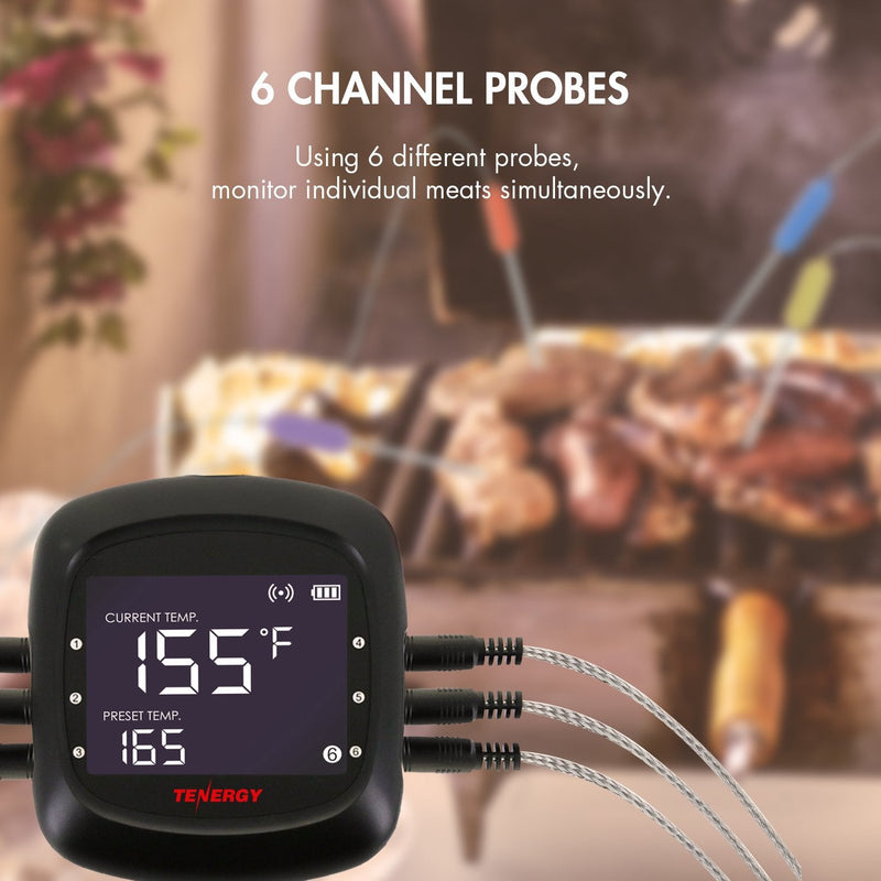 Tenergy Solis Digital Meat Thermometer, APP Controlled Wireless Bluetooth Smart BBQ Thermometer w/ 6 Stainless Steel Probes, Large LCD Display, & Carrying Case, Cooking Thermometer for Grill & Smoker 1 x Thermometer + 6 x Probes