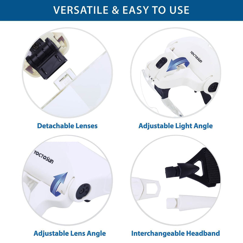 YOCTOSUN Head Mount Magnifier with 2 Led Professional Jeweler's Loupe Light Bracket and Headband are Interchangeable