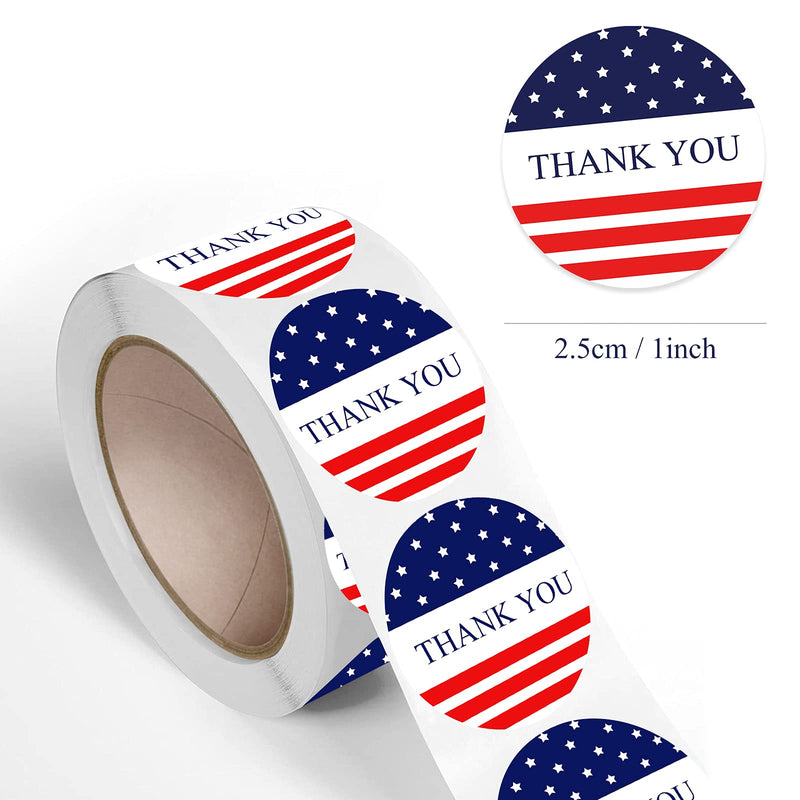 Thank You Round Stickers 1" 4th of July Red White Blue Patriotic Labels Roll 500 Pcs Kids Girls Gift Independence Day USA Flag Small Business Package Bag Envelope Scrapbook Decor Fourth Party Favors