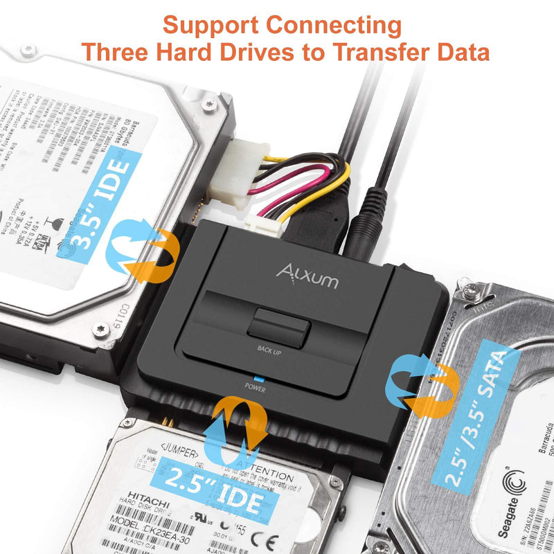 Alxum USB 3.0 to IDE SATA Converter, Hard Drive Reader for Universal 2.5/3.5 IDE Hard Drive & SATA HDD SSD, Support One Touch Backup and Max 18TB, with 12V 2A Power Adapter & USB A Cable 80cm