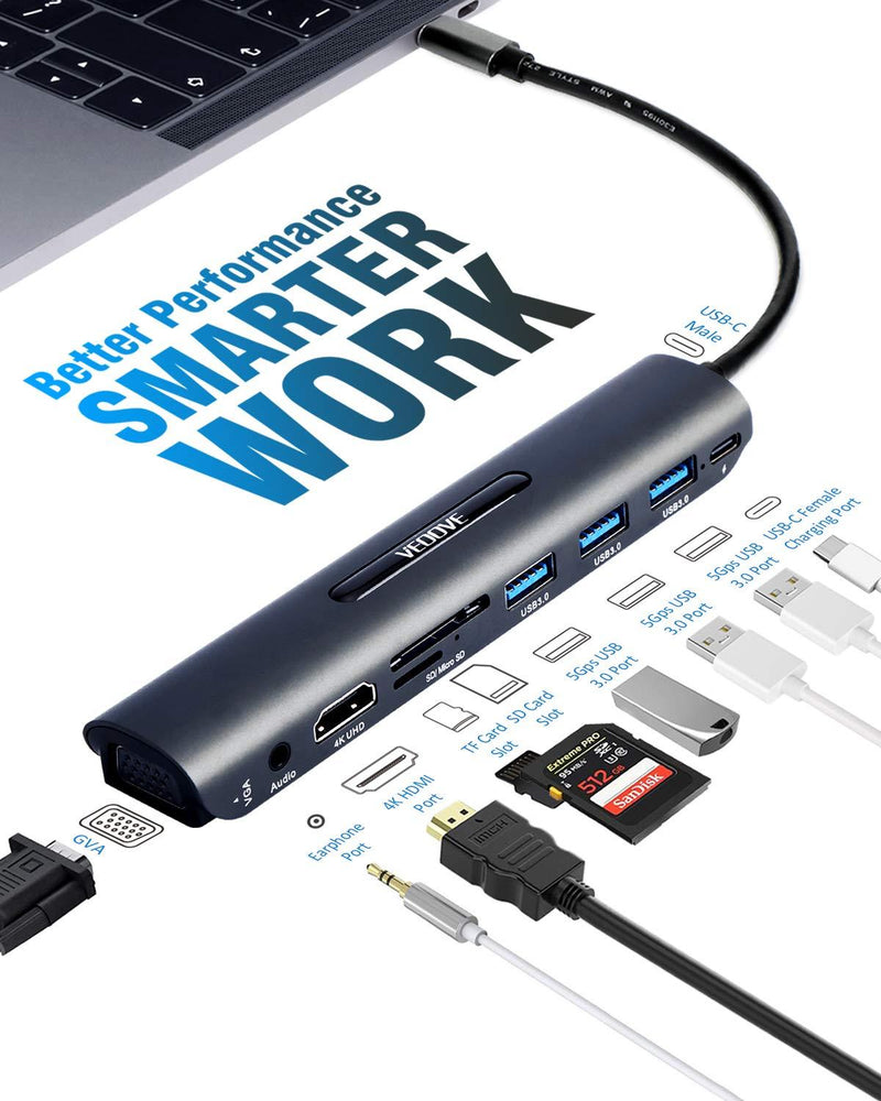 USB C Hub HDMI VGA Adapter-[Upgraded] VEOOVE 9 Port USB Type C to HDMI 4K for Samsung Dex Station for Galaxy S10/S9/S8 Note 9/8, Compatible with MacBook Pro 2018 2017/Air 2018/2019 More(Dark Grey) Dark Grey