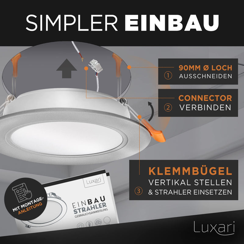Luxari LED recessed spotlight 230V flat − Radiant LED recessed lights [set of 6 8W] − Bathroom LED spot [3000K warm white] − Ceiling spotlight − IP54 silver