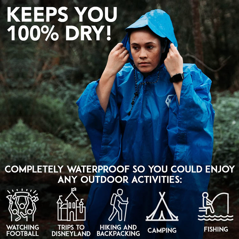 Foxelli Hooded Rain Poncho – Waterproof Emergency Raincoat for Adult Men & Women Blue