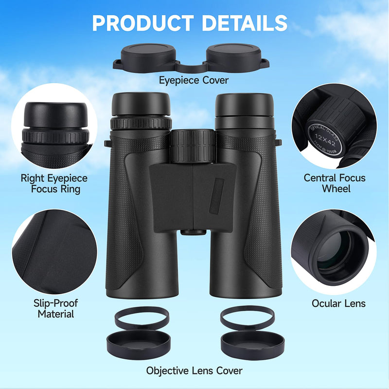 12x42 HD Binoculars for Adults High Powered, Super Bright Binoculars with Large View Low Light Night Vision, Waterproof Compact Binoculars for Bird Watching Cuise Ship Travel Hunting Stargazing