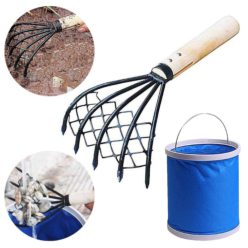 5-Tine Ninja Steel Claws Hand Rake with Mesh Net, Clam Fork, Short Wooden Handle, Ergonomic, Non-Slip, Lightweight, Sturdy, Compact - Comes with Portable Folding Bucket (Blue)