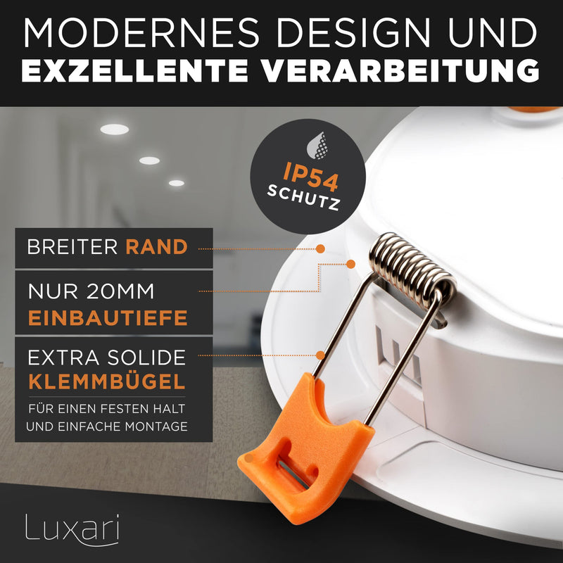 Luxari LED recessed spotlight 230V flat − Radiant LED recessed lights [set of 6 8W] − Bathroom LED spot [3000K warm white] − Ceiling spotlight − IP54 silver