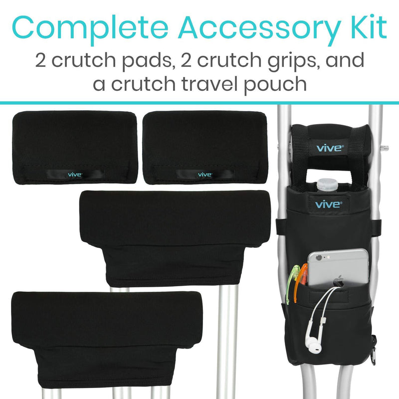 Vive Crutch Pad and Bag Set - Underarm Padding, Hand Grips and Pouch for Crutches - Soft Padded Handles and Universal Accessories for Men, Women and Kids - Lightweight Carry On with Storage Pockets Black