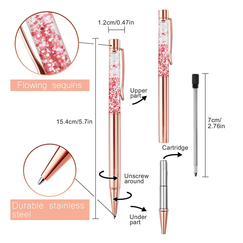 Ballpoint Pens, 3 Pcs Rose Gold Metal Pen Bling Dynamic Liquid Peices Pen with Refills Black Ink for Office Supplies Gift Wedding Birthday