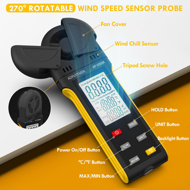 AOPUTTRIVER AP-5000K Digital Anemometer Handheld Wind Meter with 270° Rotating Detector and Double Wing Cover, Backlit Anemometer, MAX/MIN/AVG, Temperature