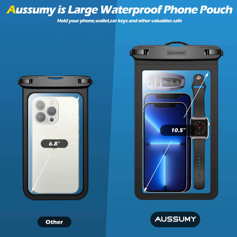 Aussumy 10.5" XL Large Waterproof Phone Pouch : 3 Pack Underwater Clear Cellphone Holder - Universal Water Proof Dry Bag Case with Neck Lanyard for iPhone Samsung Galaxy Cell for Beach Swimming Pool Black+Black+Black