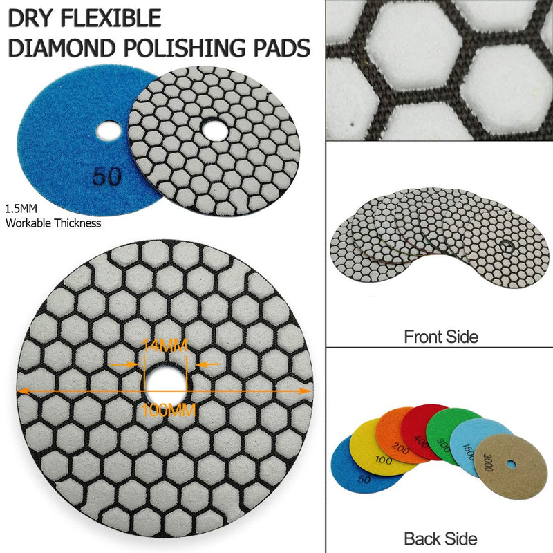 SHDIATOOL Dry Diamond polishing Pads 4 Inch Set of 7 Pieces Plus a Plastic Backer for Granite Marble Stone Quartz Tiles Mixed Grits+P Backer