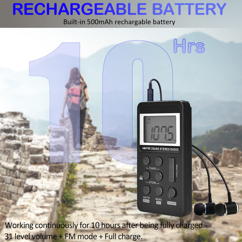 SWDSTP AM/FM Personal Portable Radio, Pocket Radio with Digital Tuning LCD Display, Rechargeable Walkman Radio with Sterio Earphone, Small Radio with Removable Back Clip for Walking, Jogging
