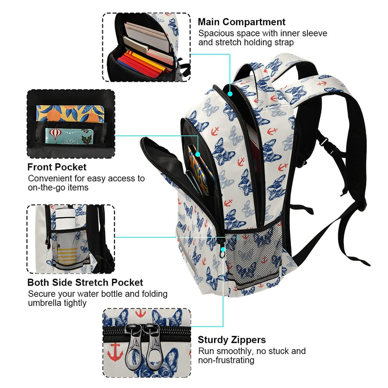 School Backpack with Chest Strap, French Bulldog And Anchor Laptop Backpack, Travel Hiking Backpack for Boys Girls, Rucksack, Knapsack Puppy 032