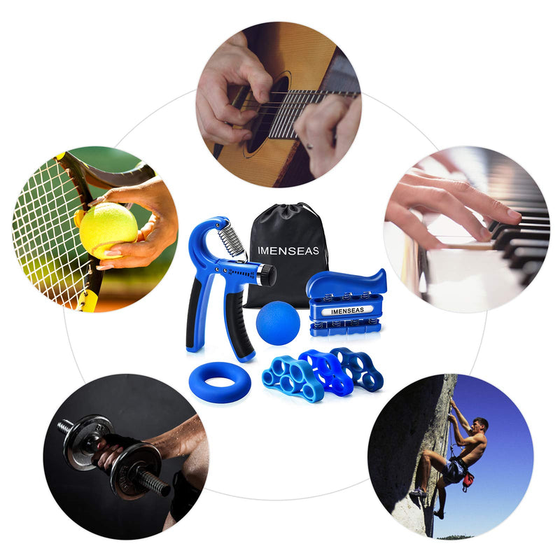 IMENSEAS Hand Grip Strengthener 7 Pack Adjustable Hand Gripper, Finger Stretcher Resistance Extensor Bands, Finger Exerciser, Grip Strength Ring & Stress Relief Ball for Athletes & Musicians Navy