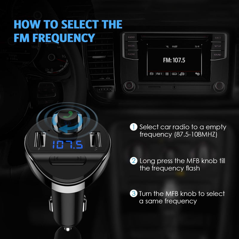 Criacr (Upgraded Version) Bluetooth FM Transmitter for Car, Dual USB Charging Ports & HI-FI Stereo Sound Wireless Radio Adapter Music Player Kit with Hands-Free Calling, Compatible for All Smartphones Black