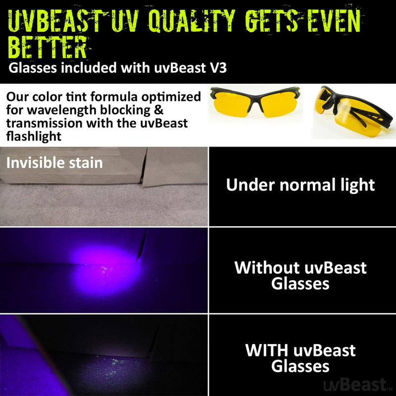 uvBeast NEW V3 385-395nm Black Light UV Flashlight - Rechargeable 18650 with Glasses - HIGH POWER UPGRADED Triple Broad Band LEDs Best for Professional/Commercial Use - USA Stock - UK Design
