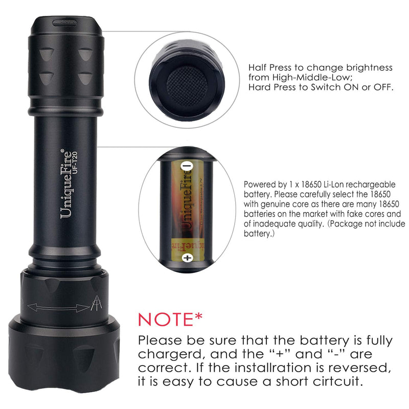 UniqueFire T20 850nm Flashlight, 5W IR Illuminator, Infrared Light, Night Vision Adjustable Focus LED Flashlight, 3 Modes IR Torch with Memory Function for Night Vision Devices
