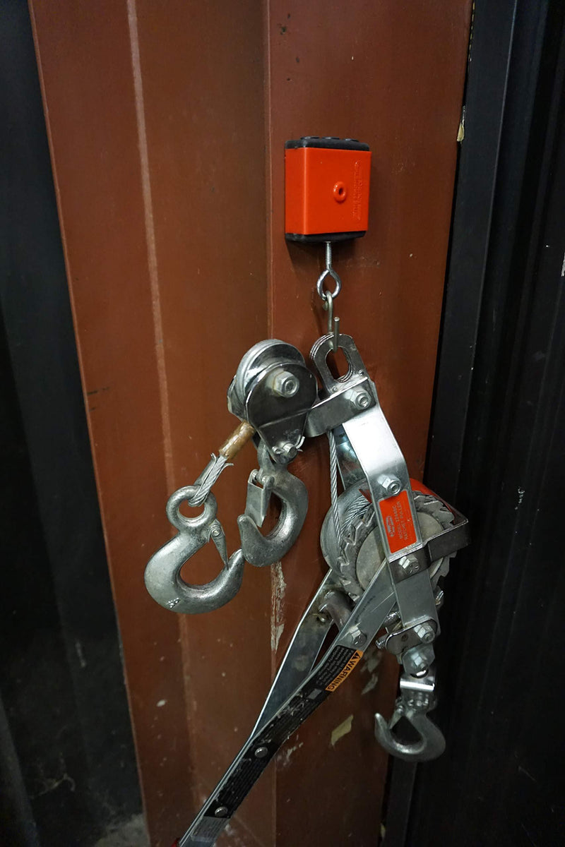 Master Magnetics 07504 Retrieving and Holding Magnet, Durable Plastic, 40 lb, 2.375" Length, 2.375" Width, 0.75" Height with Eyebolt, Nuts and Magnetic Shields, Red/Black