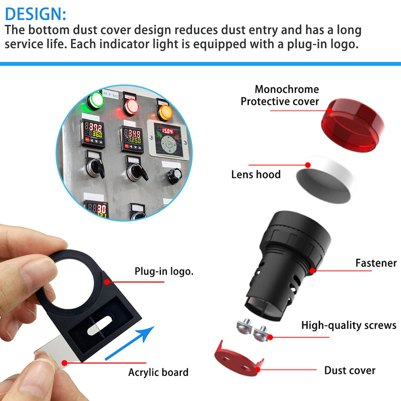 12pcs AC 220V indicator lights LED power indicator with 12pcs characters, red/blue/yellow/green/white, flush panel mount 7/8" 22mm