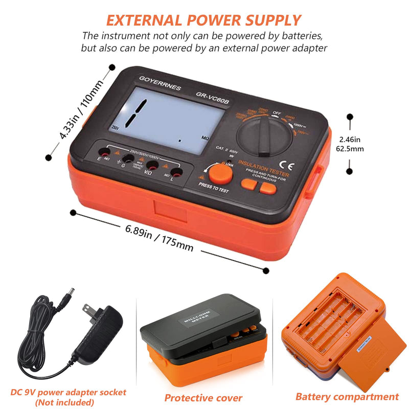 Insulation Resistance Tester Digital Ohmmeter Megohmmeter GR-VC60B+ DCV Megohmmeter Voltage Tester 250/500/1000V ACV Megohm 750V with 1999 Count Large LCD Display Data Hold Backlight