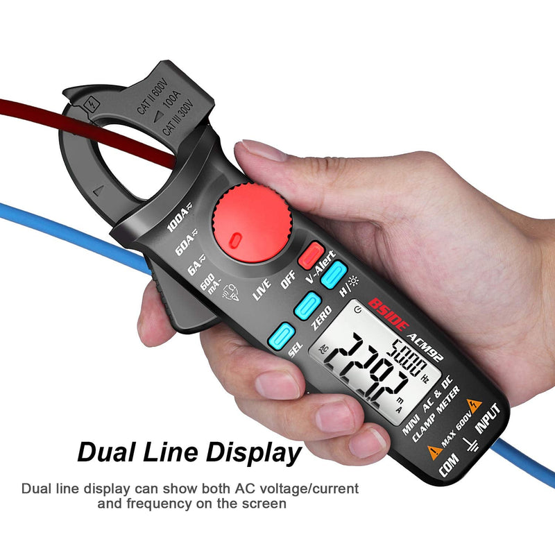 DC Current Clamp Meter 6000 Counts Auto-Ranging Digital Ammeter Amp Ohm Hz Live Check V-Alert Voltage Tester with Back Clip ACM92