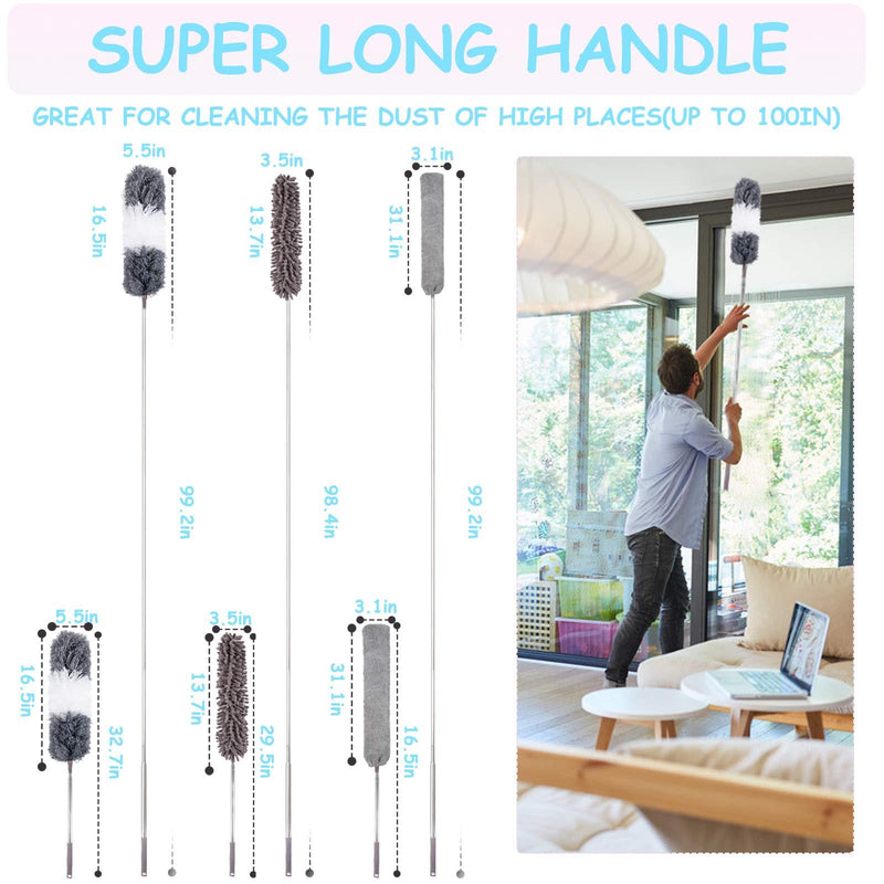 Microfiber Duster, with Extension Pole(Stainless Steel) 30 to 100 Inches, Reusable Bendable Dusters, Washable Lightweight Dusters for Cleaning Ceiling Fan, High Ceiling, Blinds, Furniture, Cars