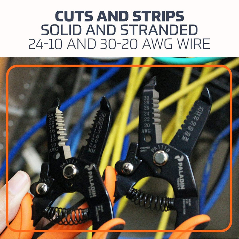 Wire Stripper and Cutter Bundle by Paladin Tools - 24-10 and 30-20 AWG Solid and Stranded Wire, Electrician - Spring-Loaded, Locking Handle, Comfortable