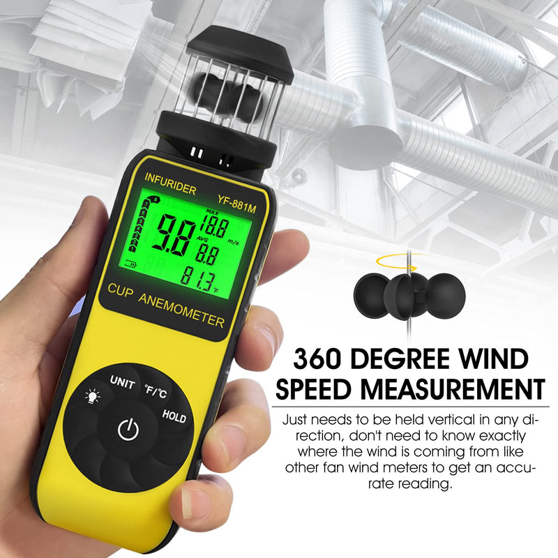 Anemometer Handheld Wind Meter Digital, INFURIDER YF-881M Cup Style Wind Gauge Wind Speed Meter for Measuring Wind Speed/Temperature with Compass, Wind Meter for HVAC Shooting Drone